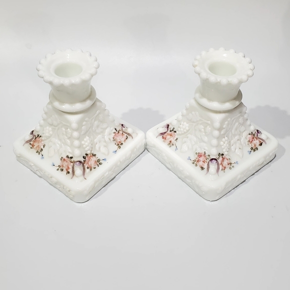 🎁2 Handpainted Paneled Grape White Milk Glass Beaded Single 1" Candlesticks - Picture 8 of 10